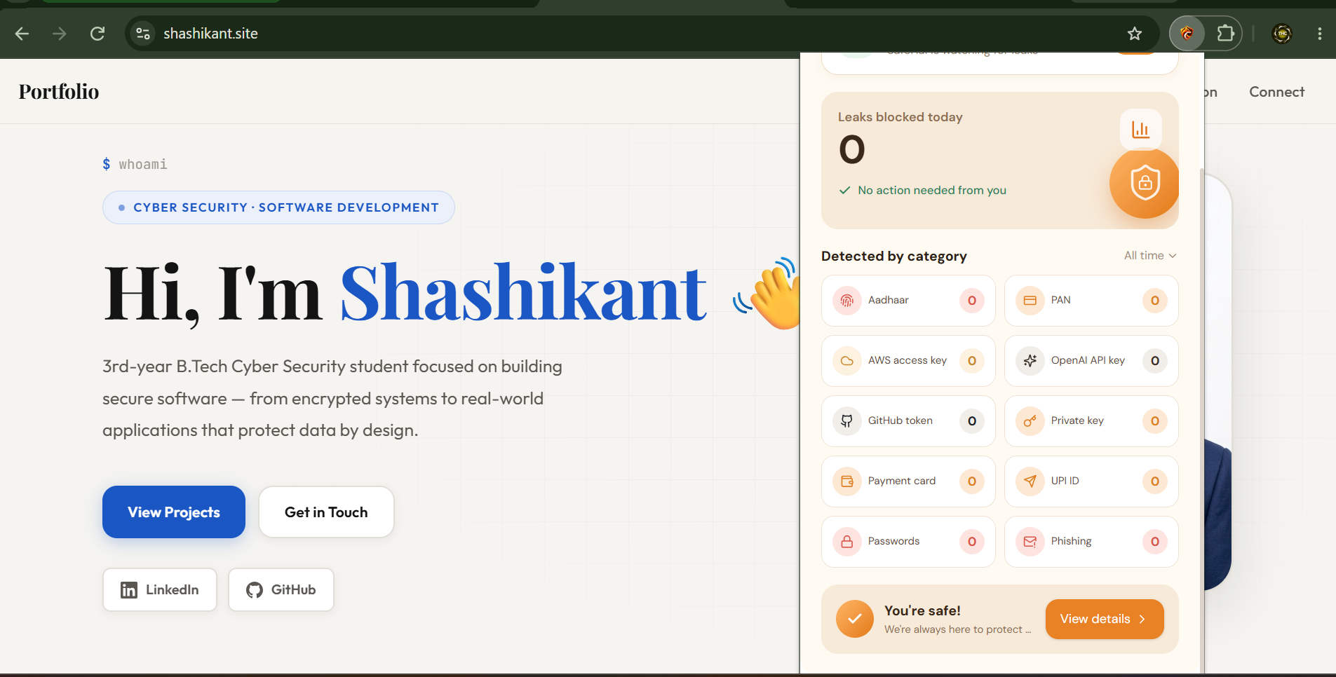 SafeHai's in-page panel overlaying a website, showing zero leaks blocked today across all tracked categories.